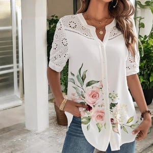 White Lace Blouse: Elegant Short Sleeve Top, Loose Fit