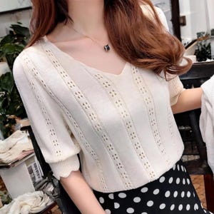 Sheer Knit V-Neck Blouse: Lightweight See-Through Summer Top