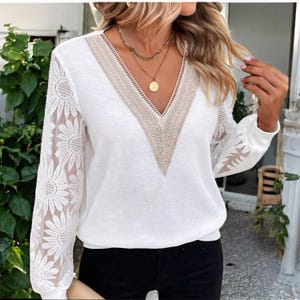 White Lace V-Neck Blouse: Hollowed Patchwork Long Sleeve Top