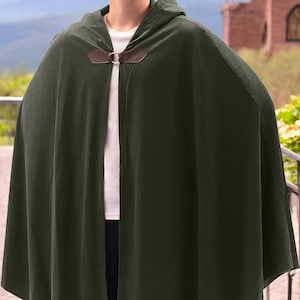 Elegant velvet hooded cloak with metal clasp, perfect for medieval, renaissance, cosplay, Halloween, and fantasy costumes for men & women.