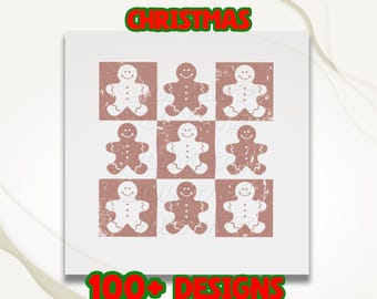 Hombre de jengibre a cuadros retro (DTF), diseño navideño desgastado moderno (DTF), transferencia térmica navideña, diseño navideño de temporada festiva, diseño navideño a cuadros bonito