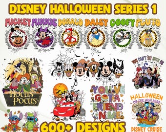 以下が含まれることがあります： ディズニーハロウィーンをテーマにしたDTF（ダイレクト・トゥ・フィルム）転写デザインのコレクション。ミッキー、ミニー、ドナルド、グーフィーなどのキャラクターが登場し、「Disney Halloween Series 1」と「600+ Designs」の文字が書かれています。