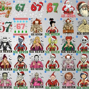 May include: A collection of Christmas-themed graphics featuring the numbers "67" and various characters dressed in Santa hats. The characters include Santa Claus, horror movie characters, and other festive designs. The text "SIX SEVEN" is also present.