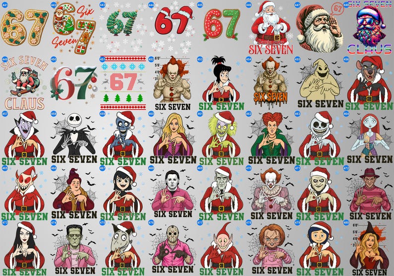 May include: A collection of Christmas-themed graphics featuring the numbers "67" and various characters dressed in Santa hats. The characters include Santa Claus, horror movie characters, and other festive designs. The text "SIX SEVEN" is also present.