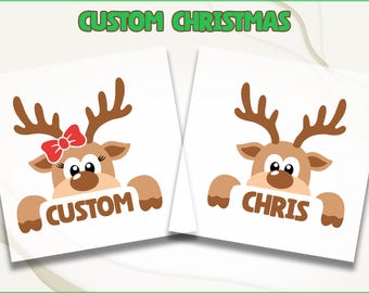 Transferencia DTF de reno personalizable con nombre personalizado para Navidad, DTF de reno con nombre infantil, lista para imprimir, DTF de ciervo navideño para niño y niña