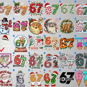 May include: A collection of digital designs featuring the numbers 6 and 7 in various styles. Designs include Christmas themes with Santa hats, candy canes, and snowmen. Other designs incorporate baseball bats, donuts, and melting ice cream.