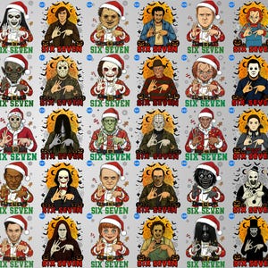 May include: A grid of illustrations featuring horror movie characters wearing Santa hats and red suits. Each character is depicted with a hand gesture and the text "SIX SEVEN". The background is a light gray with bats and pumpkins.