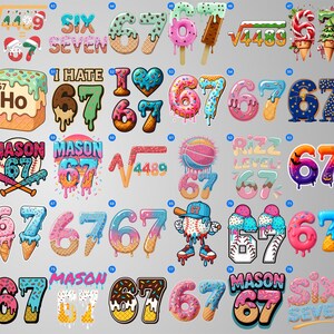May include: A collection of colorful number and word graphics, including "SIX", "SEVEN", and "MASON 67", with various designs like ice cream, donuts, and baseball themes. Some include the number 67 with a square root symbol.