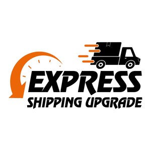May include: Black and orange graphic with the words "EXPRESS SHIPPING UPGRADE". A black delivery truck with orange speed lines is on the right. An orange speedometer-like design is on the left.
