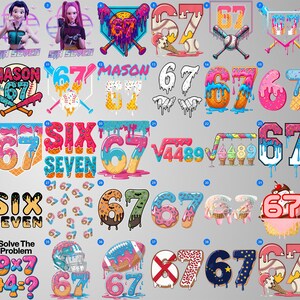 May include: A collection of colorful graphic designs featuring the numbers "67" and "Six Seven" in various styles. Designs include baseball bats, ice cream, and a football. Some designs include the name "MASON".