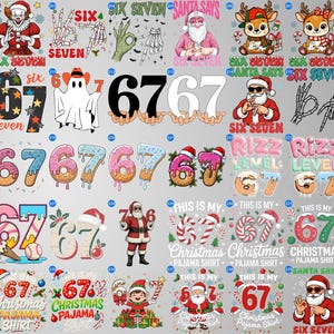 May include: A collection of graphic designs featuring the numbers 6 and 7, along with Christmas-themed elements. Designs include Santa Claus, reindeer, and text like "Santa Says" and "Christmas Pajama Shirt". The color palette includes red, green, and white.