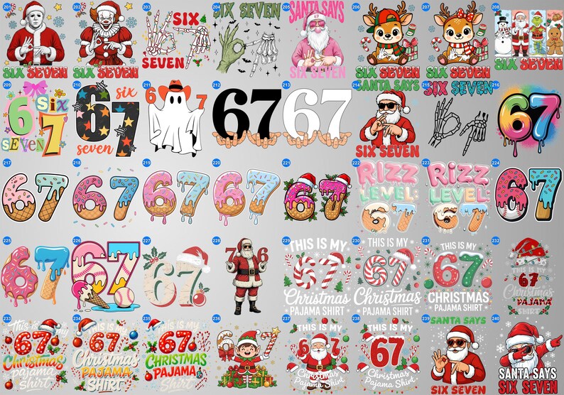 May include: A collection of graphic designs featuring the numbers 6 and 7, along with Christmas-themed elements. Designs include Santa Claus, reindeer, and text like "Santa Says" and "Christmas Pajama Shirt". The color palette includes red, green, and white.