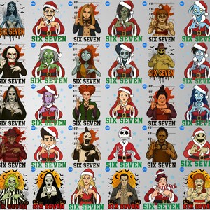 May include: A collection of festive illustrations featuring characters dressed in Santa hats and red outfits, with the text "SIX SEVEN" in green. The images include various pop culture figures, creating a holiday-themed design.