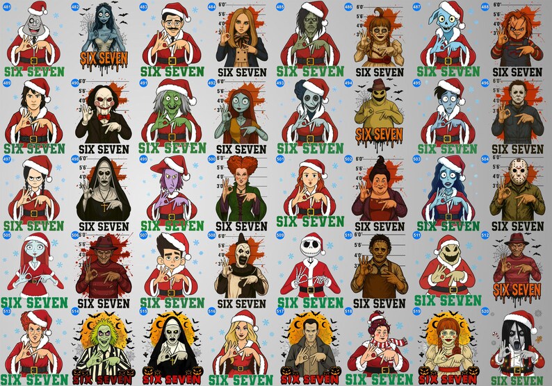 May include: A collection of festive illustrations featuring characters dressed in Santa hats and red outfits, with the text "SIX SEVEN" in green. The images include various pop culture figures, creating a holiday-themed design.