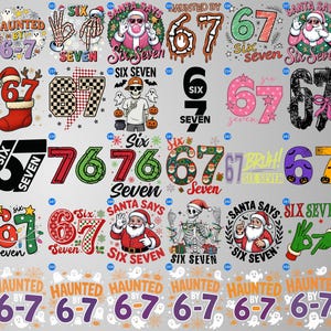 May include: A collection of various graphic designs featuring the numbers "6" and "7", often combined with the words "Six" and "Seven". Designs include Halloween and Christmas themes, with images of Santa Claus, skeletons, and ghosts. The color palette includes red, green, and black.