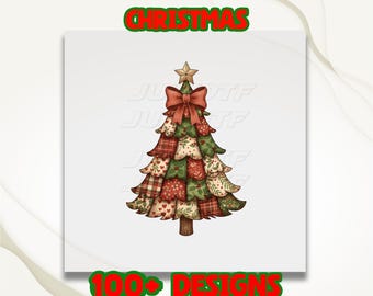 Retro Patchwork Christmas Tree Dtf, Vintage Merry Christmas Bow Dtf, Xmas Holiday Dtf, Rustic Country Christmas Tree Dtf, Heat Press DTF