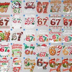 May include: A collection of Christmas-themed graphic designs featuring the number 67. Designs include Santa Claus, candy canes, gingerbread men, and festive text like "Christmas Pajama Shirt" and "Haunted by 67".