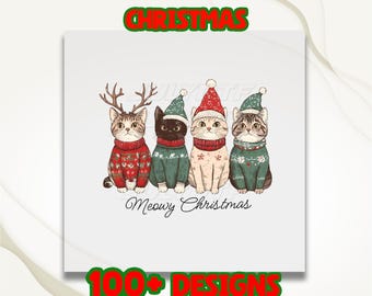 Meowy Christmas DTF Transfer, Christmas Cat DTF, Cute Cats with Santa Claus Hat DTF, Merry Christmas Print, Cat Lovers Dtf, Ready To Press