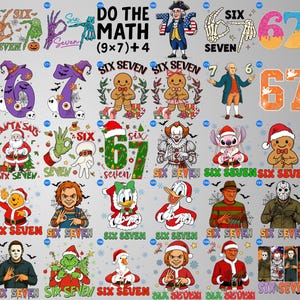 May include: A collection of colorful graphic designs featuring the numbers six and seven, along with various characters and holiday themes. Designs include ghosts, gingerbread people, and popular characters. The phrase "Do the Math" is also present.