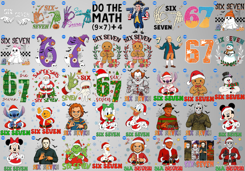 May include: A collection of colorful graphic designs featuring the numbers six and seven, along with various characters and holiday themes. Designs include ghosts, gingerbread people, and popular characters. The phrase "Do the Math" is also present.