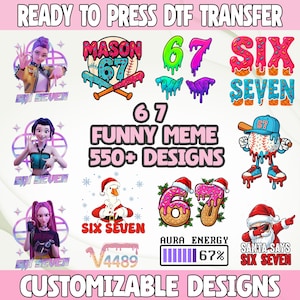 May include: A collection of DTF (Direct to Film) transfer designs featuring the number 67, cartoon characters, and text. The designs include a baseball, donuts, and Santa Claus. The text includes "Funny Meme" and "Customizable Designs".