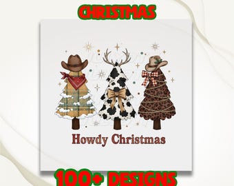 Howdy Christmas Dtf, Western Cowboy Christmas Trees Dtf, Cow Print Leopard Plaid Tree Dtf, Rustic Country Holiday Dtf, Heat Press Transfer