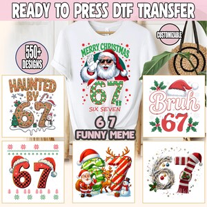 May include: White t-shirt with a Christmas-themed graphic featuring Santa Claus wearing sunglasses and the number 67. Additional designs include the text "Merry Christmas" and "Six Seven". Other designs include the number 67 with Christmas themes.