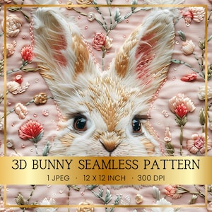 3D Osterhase Musterdesign, Kaninchen, Digitales Papier für Papier- und Stoffdruck, rosa Blumen wiederholendes Muster, Instant Download