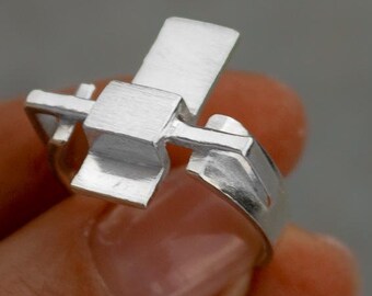 Geometric statement Sterling Silver Ring, rectangle band