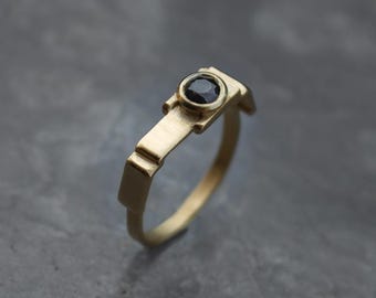14k Gold Geometric Bar Ring Inlayed with Black Zircon