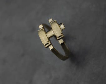 Geometric Element double bar 14k gold Ring