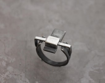 Black Silver Ring Geometric Rectangle band