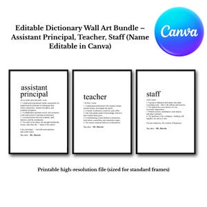 Bundle of 3 Dictionary Wall Art for Assistant Principal , Teacher , Staff Appreciation Poster , Editable Custom Definition Gift , Gratitude