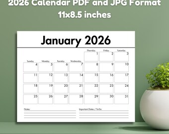 Calendário minimalista imprimível de 2026 | Planejador mensal moderno | Calendário de parede horizontal | PDF e JPG 11x8,5