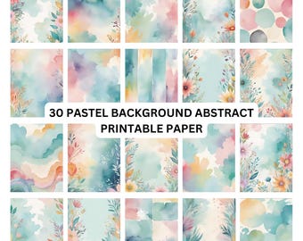 May include: 30 pastel background abstract printable papers featuring watercolor designs with clouds, flowers, and leaves in shades of pink, blue, and green.