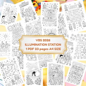 Könnte beinhalten: Eine Sammlung von Schwarz-Weiß-Malvorlagen mit religiösen Themen. Die Seiten zeigen Illustrationen von Jesus, Bibelversen und Aktivitäten. Der Text "VBS 2026 ILLUMINATION STATION" wird auf einem Banner angezeigt. Die Seiten sind im A4-Format.