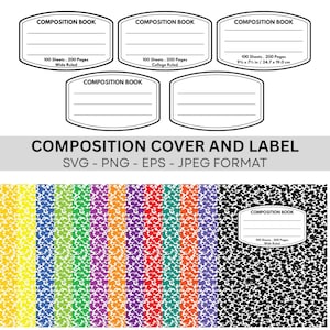 Composition Book Label and Cover SVG EPS PNG Jpg , Composition Book label 5 design bundle , Composition Book Cover 13 Colors Bundle Digital