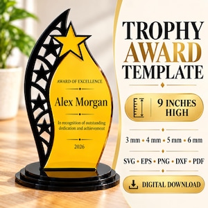 May include: A trophy award template featuring a yellow acrylic flame shape with a black star cutout side panel. The text reads AWARD OF EXCELLENCE, Alex Morgan, In recognition of outstanding dedication and achievement, 2026. It is 9 inches high.