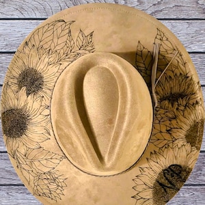 Sunflower- Hand Burned Wide Brim Fedora
