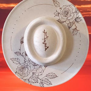 Roses and Cross- Burned Wide Brim Fedora