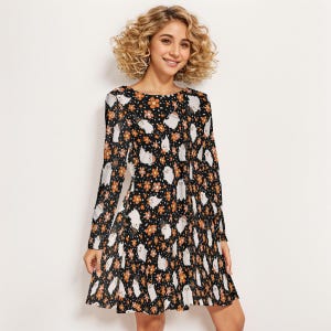 Schwarze Geister Halloween Lehrerin Kleid - Midi Cosplay Skater Kleid mit Taschen, Größe S - 3XL