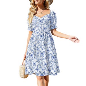 Blue Toile de Joux with Butterflies Milkmaid Dress Chinoiserie Dress for Rustic Wedding Dress French Toile Dress for Countryside Dress