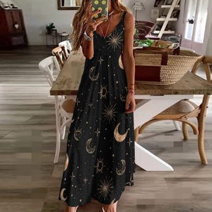 Black Celestial Witch Dress Witchcore Dress Fairy Grunge Maxi Dress Whimsigoth Dress Cute Black Witchy Dress Pagan Occult Fashion Star Moon