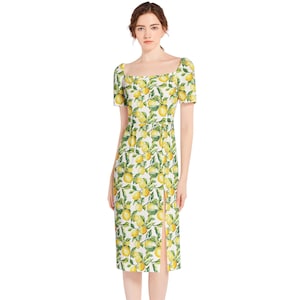 Puff Sleeve Lemon Summer Dress Dress Italian Lemon Dress Mediterranean Dress  Resort Wear Dress for Honeymoon Outfit Citrus Summer Dress