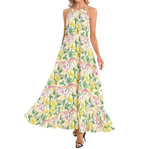 Lemon Summer Dress Ruffle Hem Halter Neck Maxi Dress Colorful Dress Italian Lemon Dress Mediterranean Dress Resort Wear Dress for Honeymoon