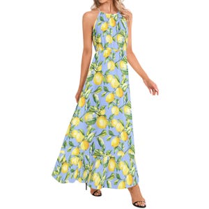 Lemon Summer Dress Ruffle Hem Halter Neck Maxi Dress Colorful Dress Italian Lemon Dress Mediterranean Dress Resort Wear Dress for Honeymoon