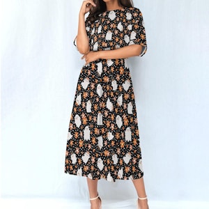 Freundlicher Geist Halloween Lehrer Kleid - Schwarzes Mittellanges Cosplay Kleid mit Taschen, Größe XS - 7XL