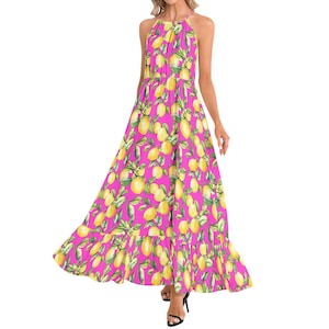 Lemon Summer Dress Ruffle Hem Halter Neck Maxi Dress Colorful Dress Italian Lemon Dress Mediterranean Dress Resort Wear Dress for Honeymoon