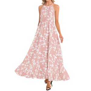 Pink Toile de Jouy French Summer Dress Maxi Halter Dress for Rustic Wedding Dress French Toile Dress for Countryside Dress Summer Sundress