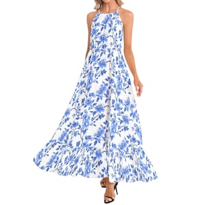 Blue Toile de Jouy French Summer Dress Maxi Halter Dress for Rustic Wedding Dress French Toile Dress for Countryside Dress Summer Sundress